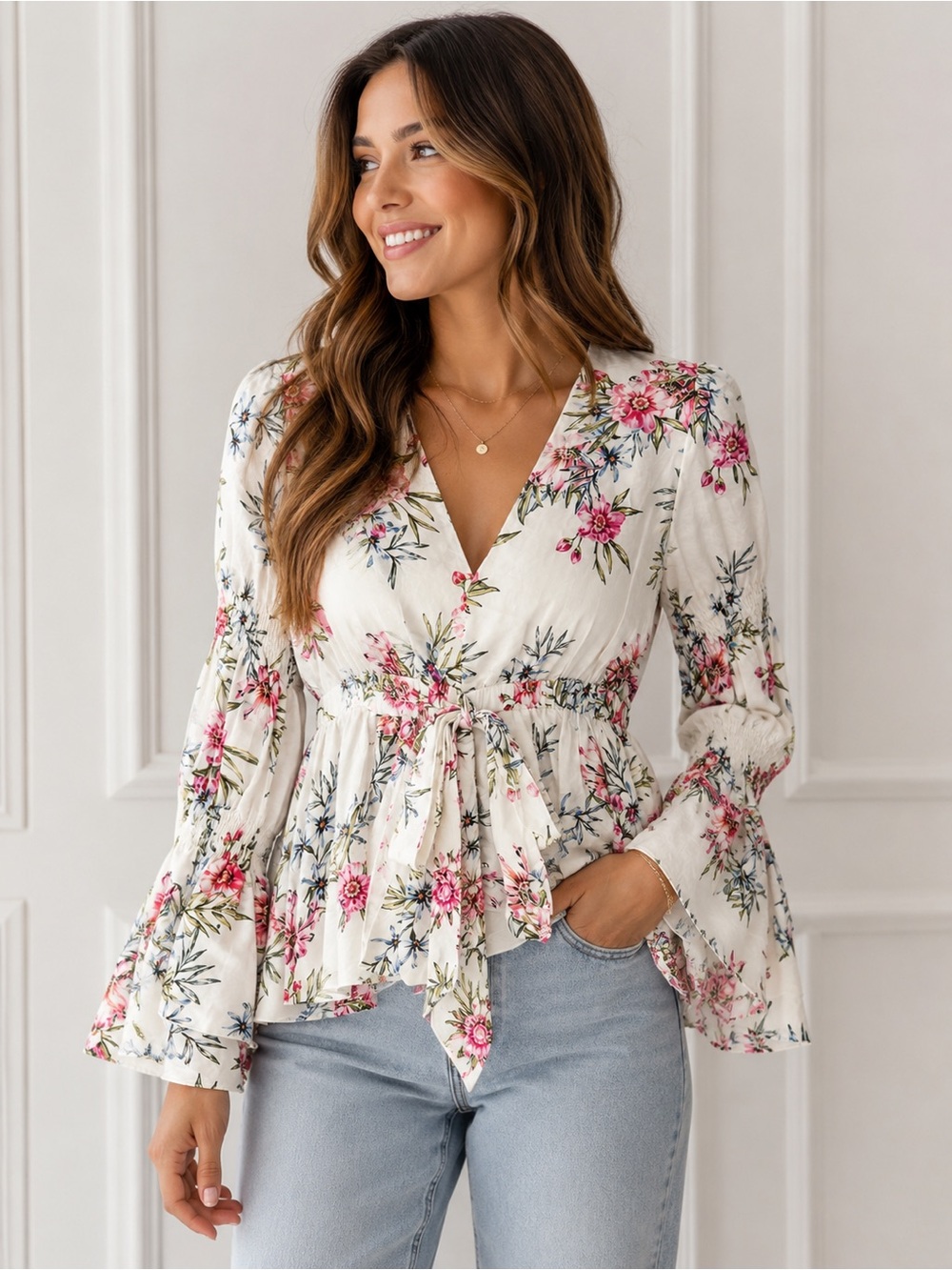 INTERMIX Cream Floral Blouse Size M EUC